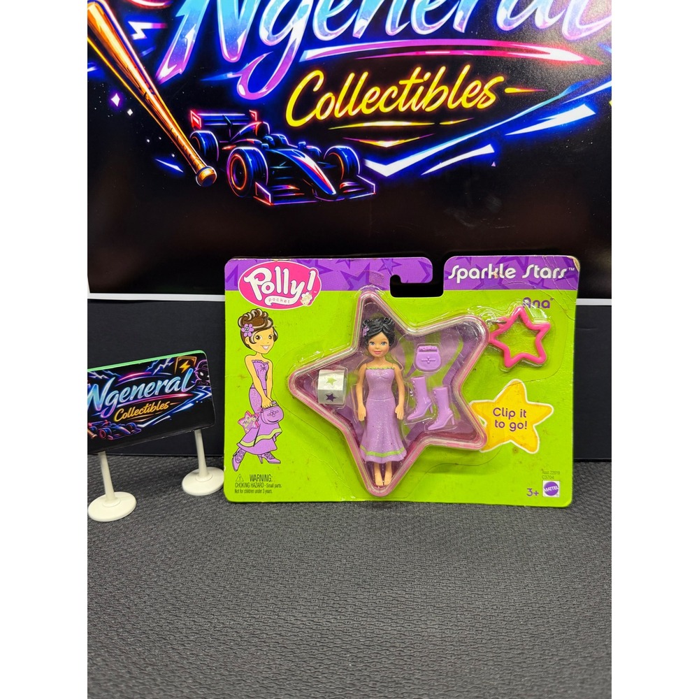 Mattel Polly Pocket Sparkle Stars Ana Doll Purple Dress Clip Case 2003 C3704 NIP